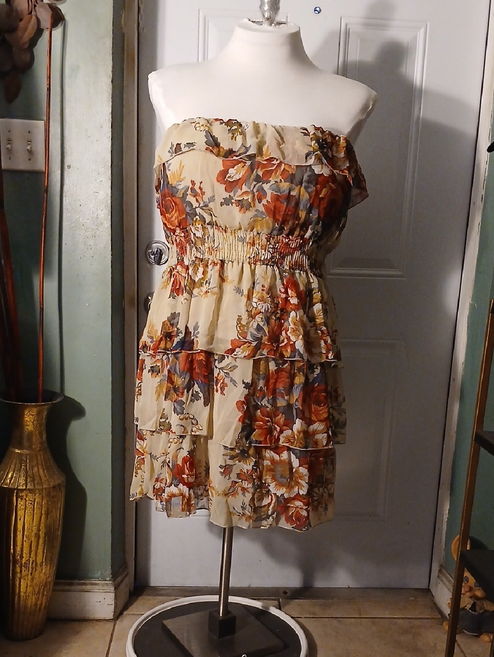 Gold Drama Floral Tiered Strapless Cream Dress with Ruffle Detail